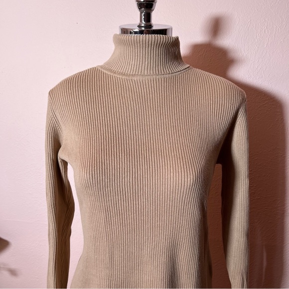 Vintage 90 Y2K Liz Claiborne Ribbed Camel Turtleneck Sweater Cotton Fitted - Picture 5 of 17